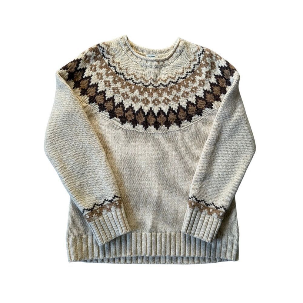 LL Bean Fair Isle Crew Neck Sweater Women’s Size Small cream brown 100% wool - Picture 2 of 8